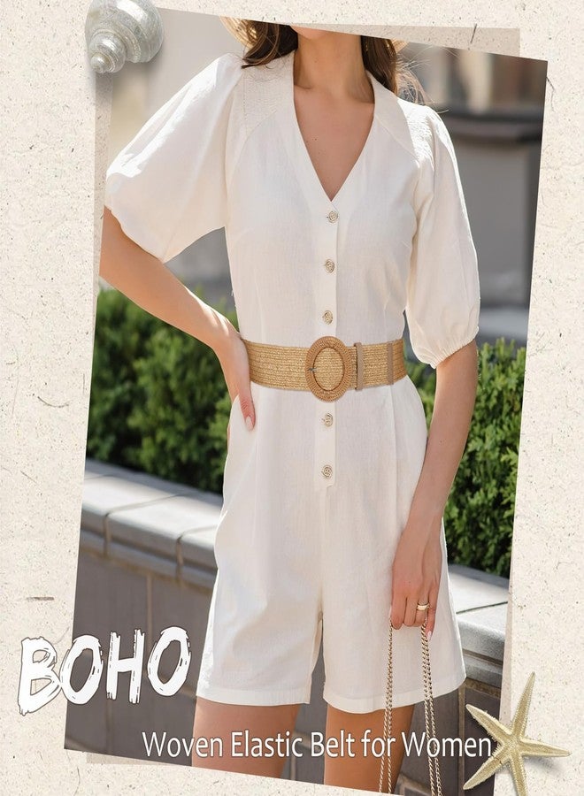 VONMELLI Straw Woven Stretchy Belt for Women Dresses, Wide Boho Elastic Brown Belts Braided Raffia Waist Belt, M - Image 4